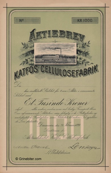 Katfos Cellulosefabrik A/S  Stock Certificate Aksjebrev