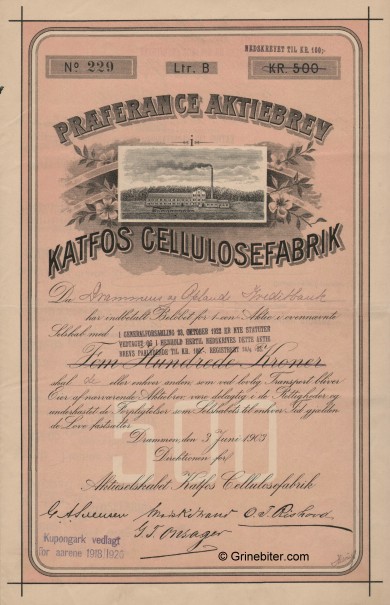 Katfos Cellulosefabrik A/S  Stock Certificate Aksjebrev