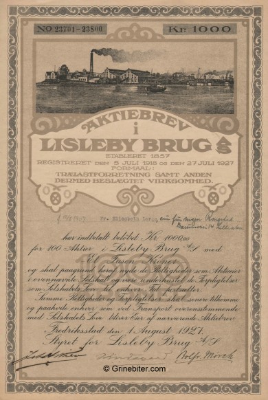 Lisleby Bruug A/S Stock Certificate Aksjebrev