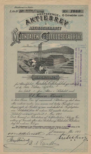 Mjndalen Cellulose. Fab. Stock Certificate Aksjebrev