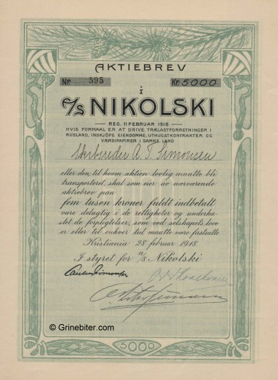 Nikolski A/S Stock Certificate Aksjebrev
