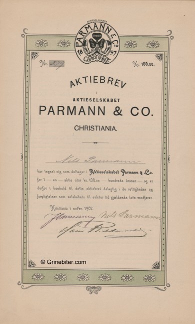 Parmann & Co. A/S Stock Certificate Aksjebrev