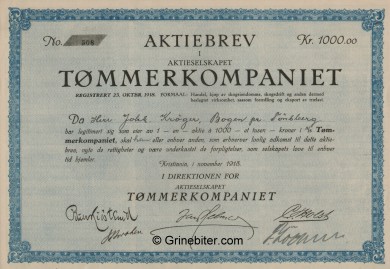 Tmmerkompaniet A/S Stock Certificate Aksjebrev