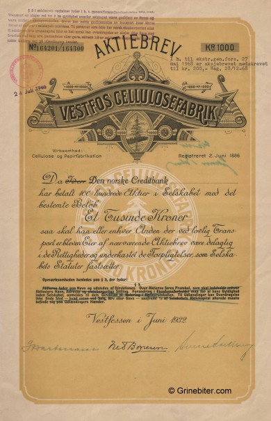 Vestfos Cellulose. Fab. Stock Certificate Aksjebrev