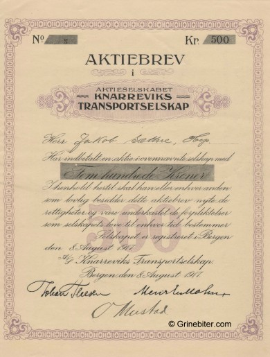 Knarreviks Transport Sel Stock Certificate Aksjebrev