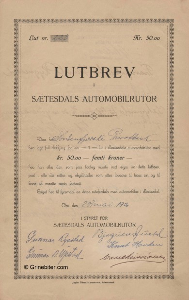 Stesdals Automobilruter Stock Certificate Aksjebrev