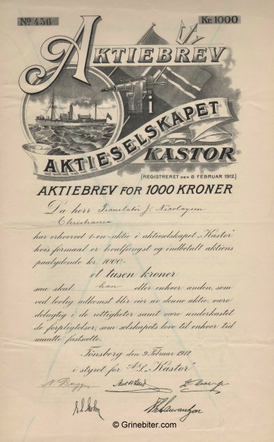 Kastor Stock Certificate Aksjebrev