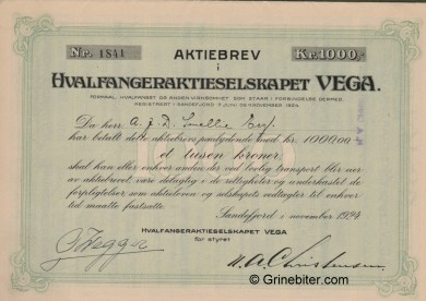 Vega Hvalfangeraktieselskapet Stock Certificate Aksjebrev